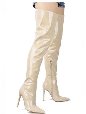 Cape Robbin 4” Heel Patent Over-the-Knee Thigh High Boots in Cream/Sz 9 NWOB